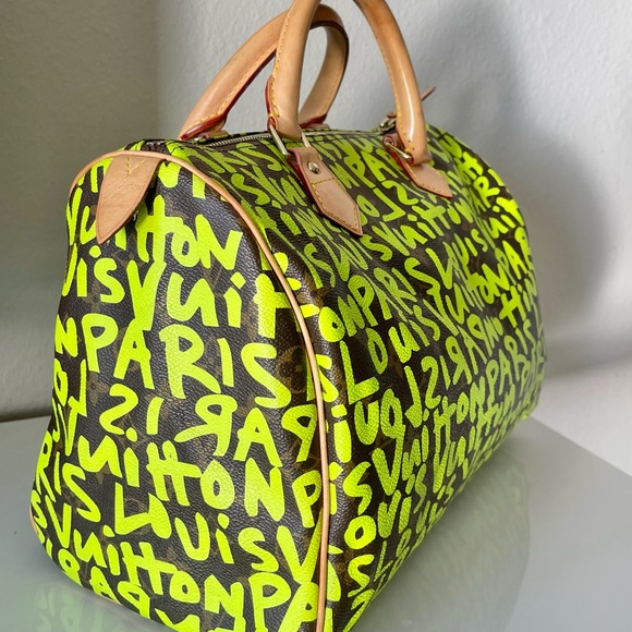 Rare LOUIS VUITTON Monogram Graffiti Speedy 30 neon green LV bag Sprouse - Picture 14 of 17